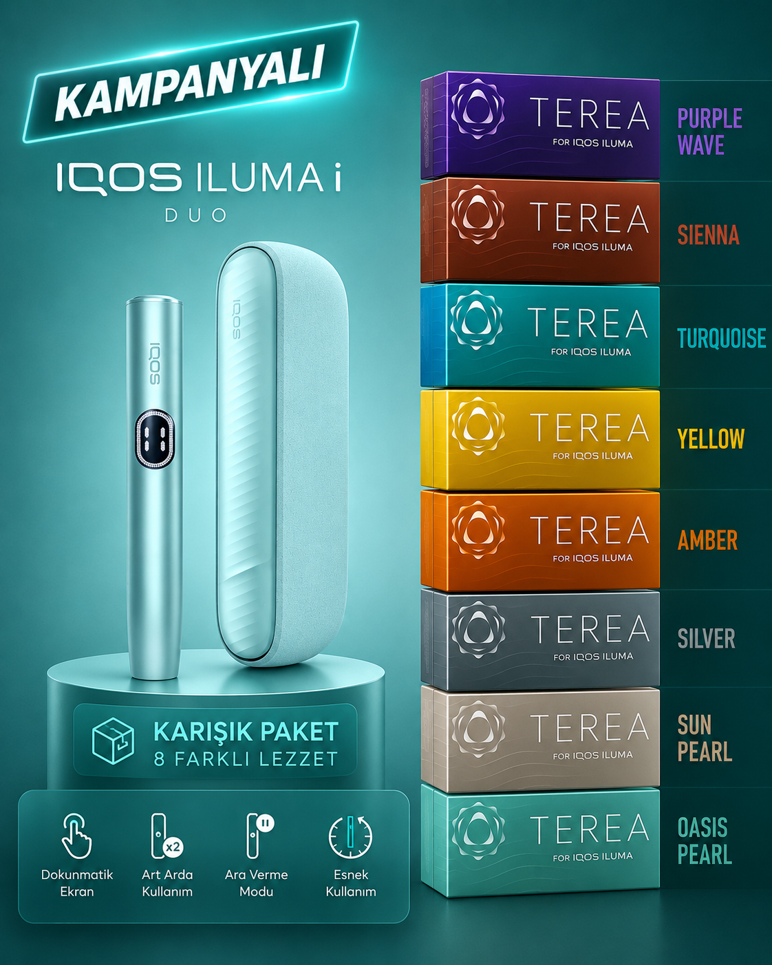 ChatGPT-Image-13-May-2026-04_18_38 IQOS ILUMA i DUO – Breeze Blue & + KARIŞIK TEREA (1 KARTON) - Görsel 1