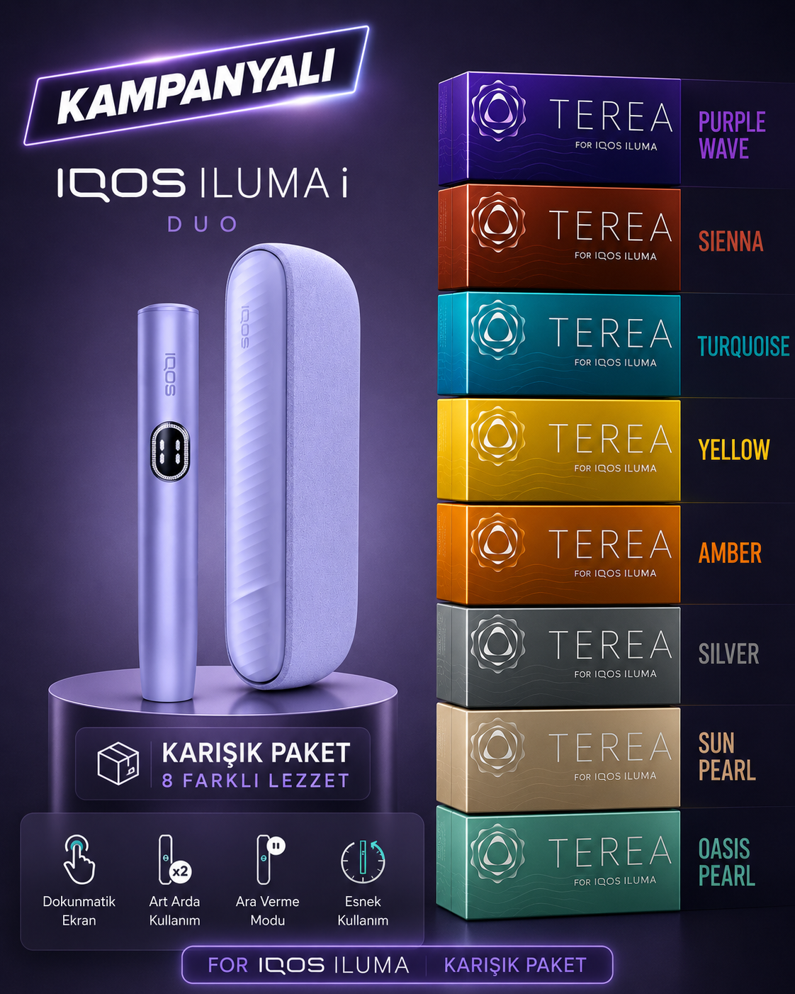 ChatGPT-Image-13-May-2026-04_19_14 IQOS ILUMA İ DUO – Dijital Mor & + KARIŞIK TEREA (1 KARTON) - Görsel 1